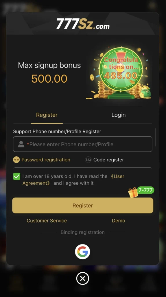 Register a new game account on 777sz game