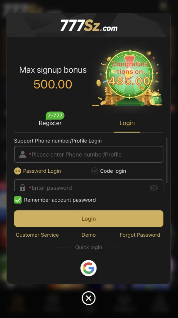 Log in on 777SZ